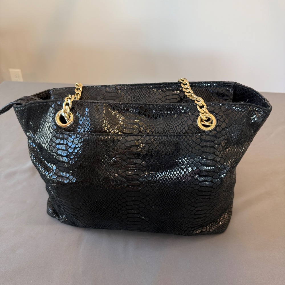 Michael Kors Jet Set Black‎ Snakeskin Embossed Leather Chain Bag Gold Hardware - Picture 5 of 11